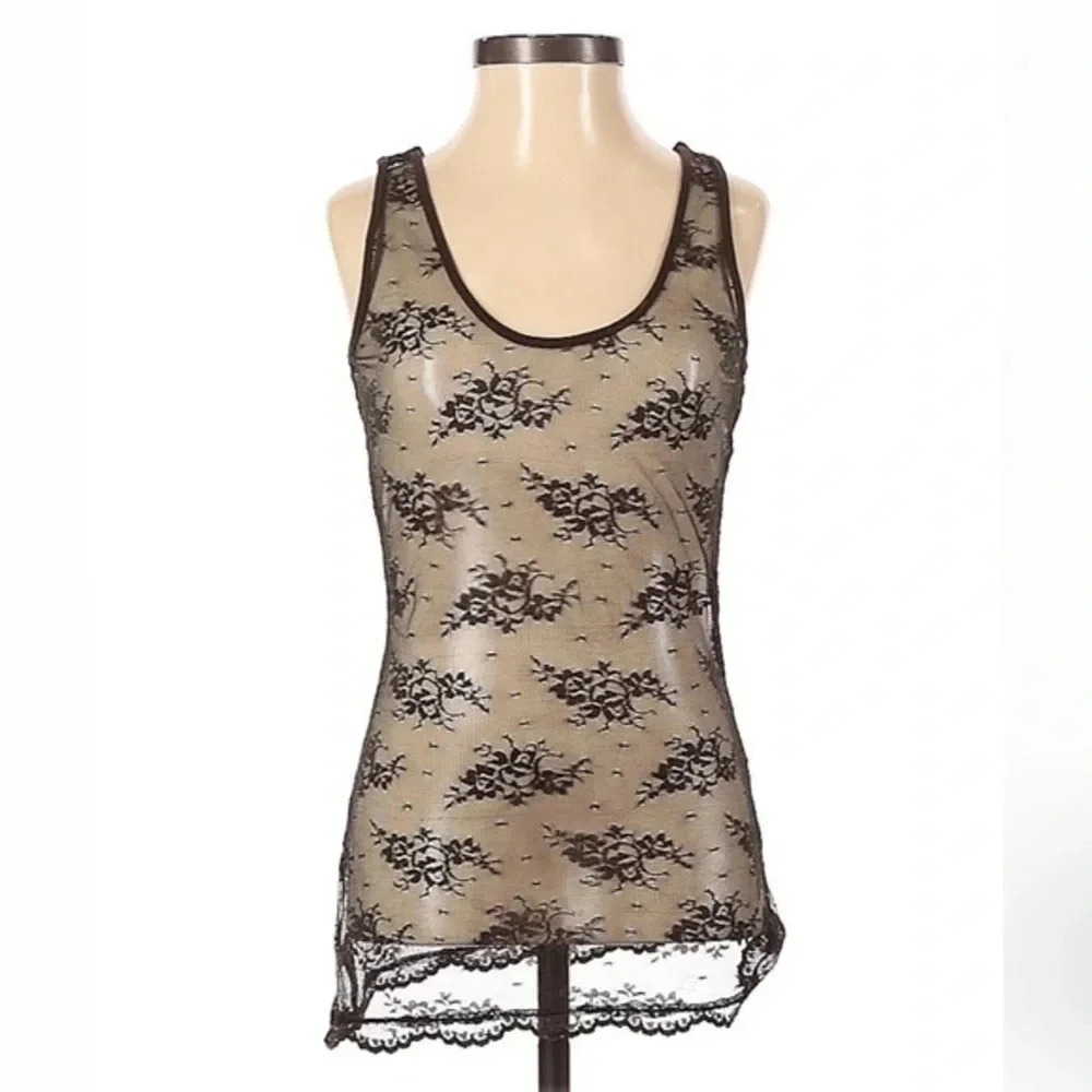 Vintage Y2K Express Black & Brown Floral Sheer Lace Blouse Size Small S